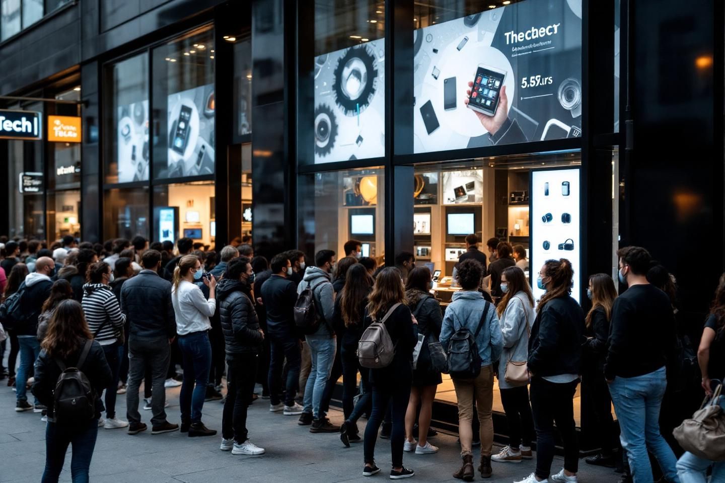 Line of People in front of Tech Store