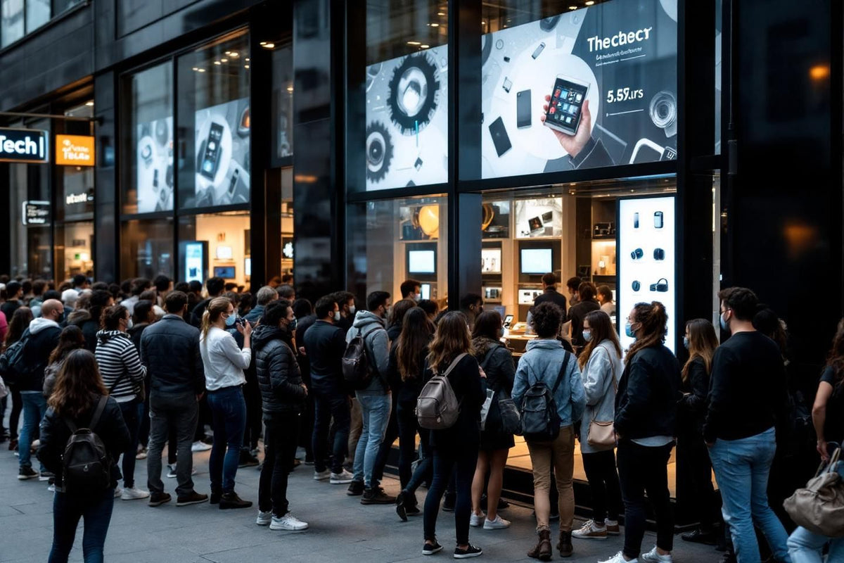 Line of People in front of Tech Store