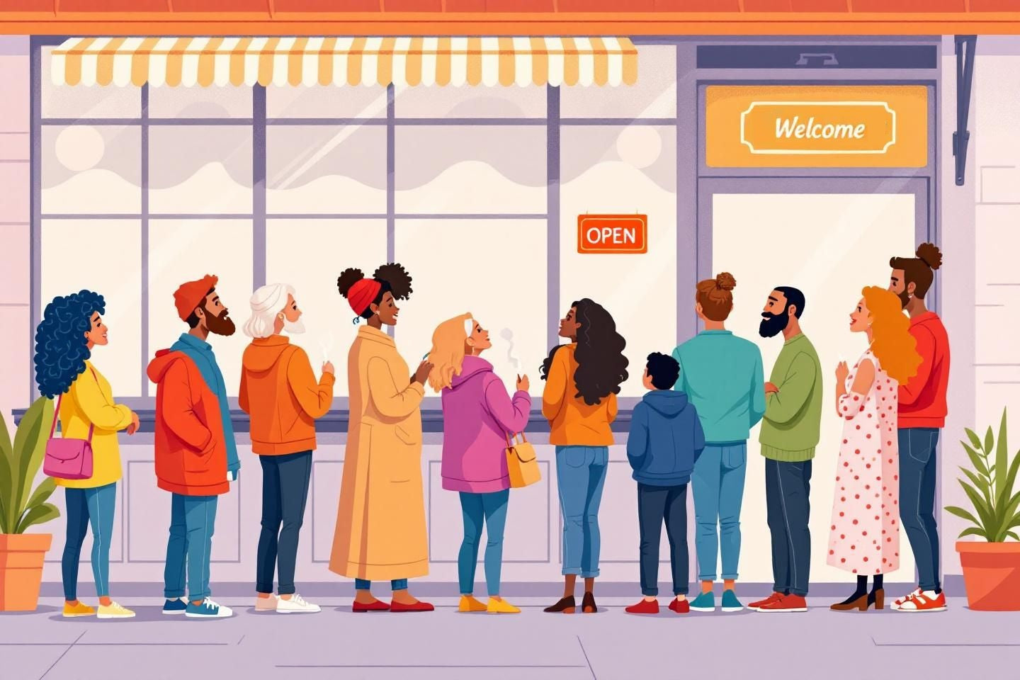 Line of customers in front of a restaurant