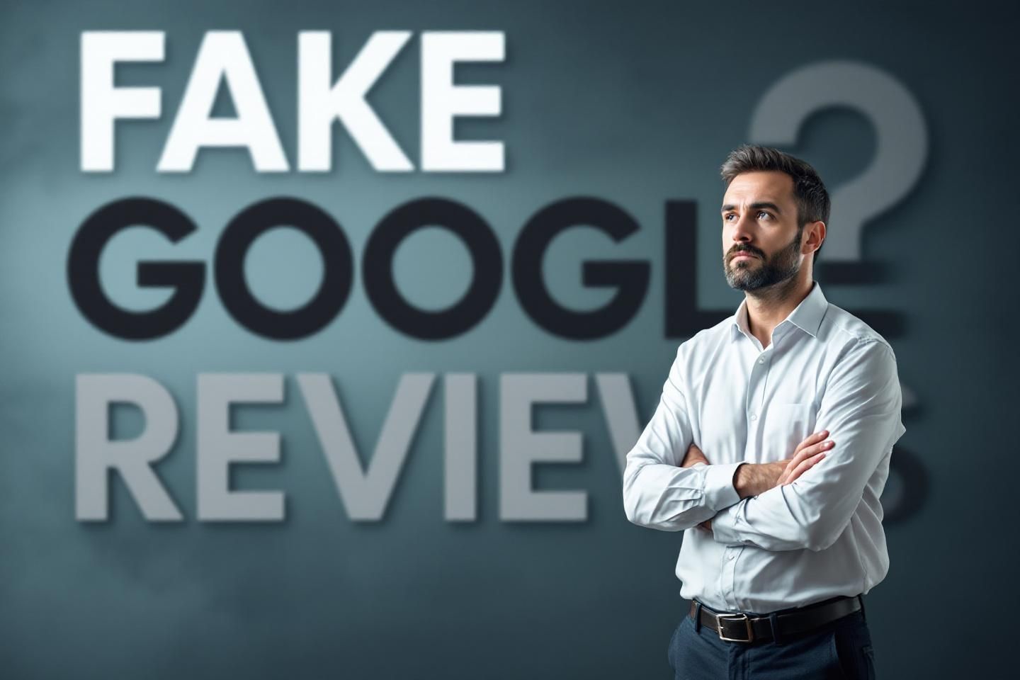 Man looking to the words Fake Google Reviews