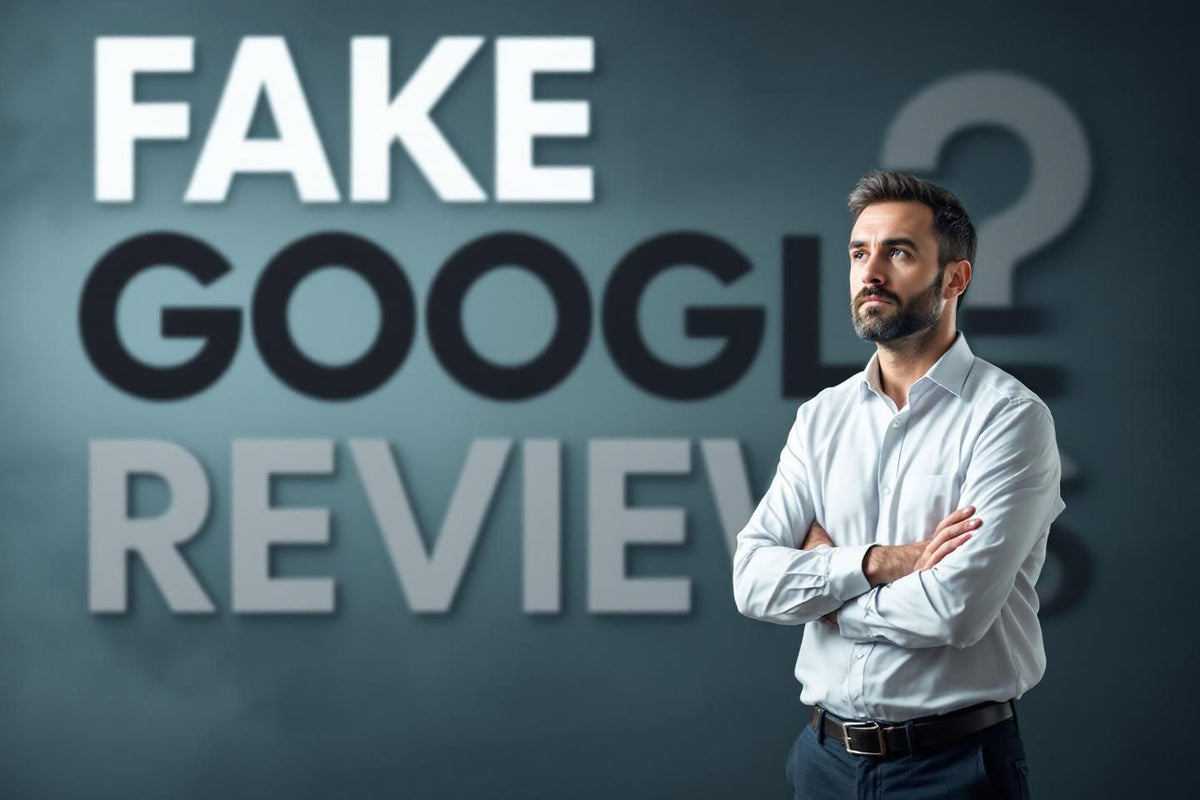 Man looking to the words Fake Google Reviews