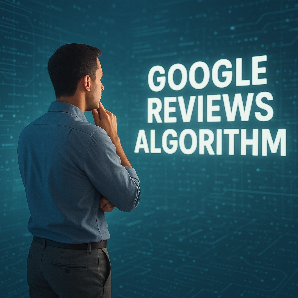 Man looking to the words Google Reviews Algorithm