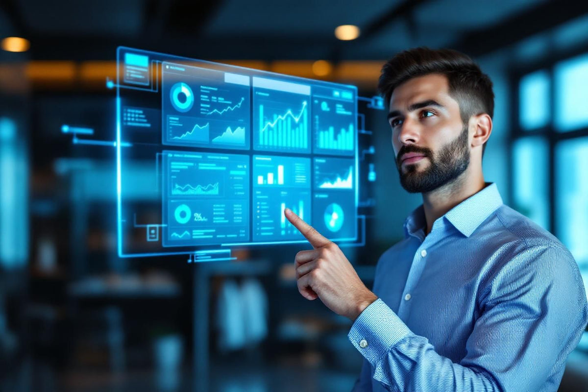 Man pointing to virtual dashboard with analytics tables