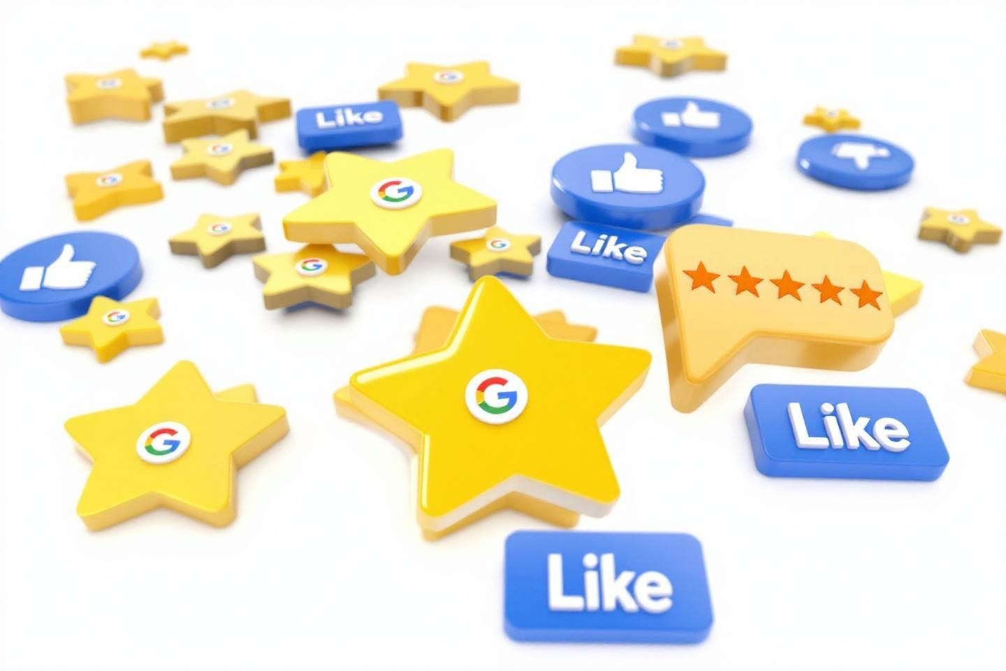 5-star Google Reviews and Like buttons