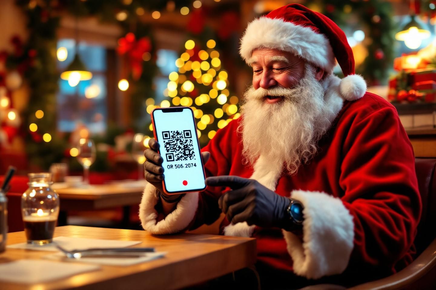 Santa Claus scanning QR Code
